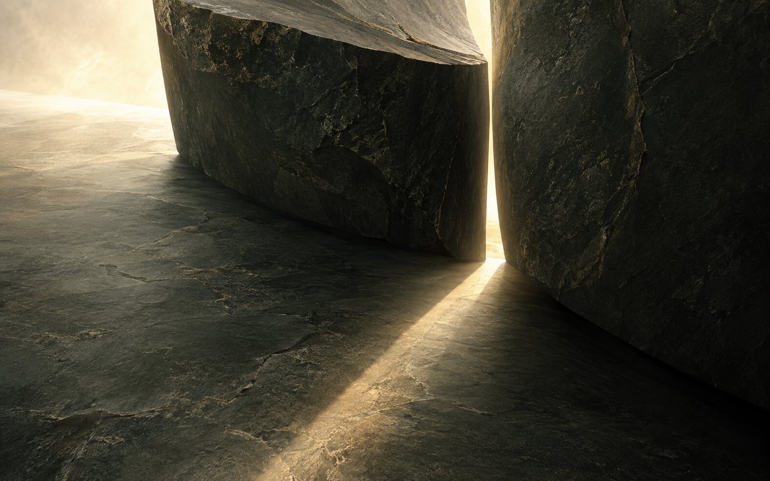 Two dark stone slabs part to let a narrow beam of light across the floor, suggesting a path opening for autonomous AI.